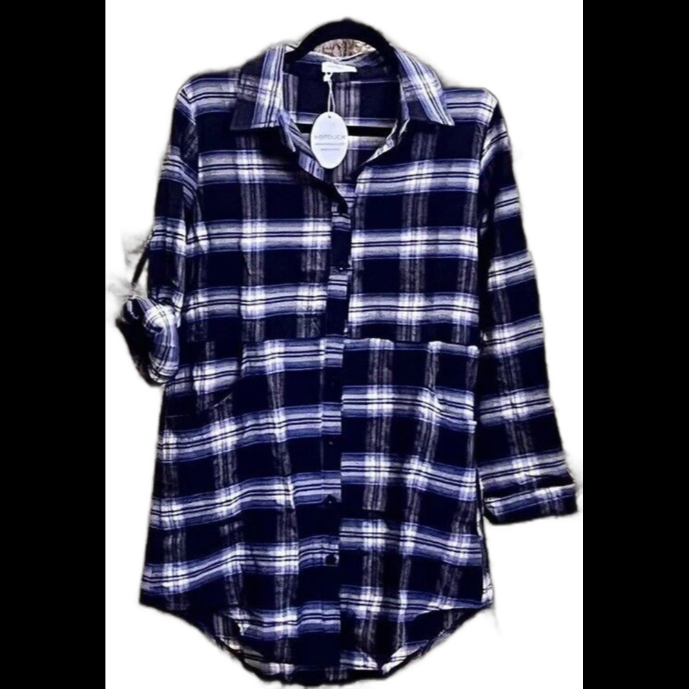 NWT Oversized Long Plaid Flannel Shacket Womens S Blue Grunge Gorp Y2K Cozy Fall